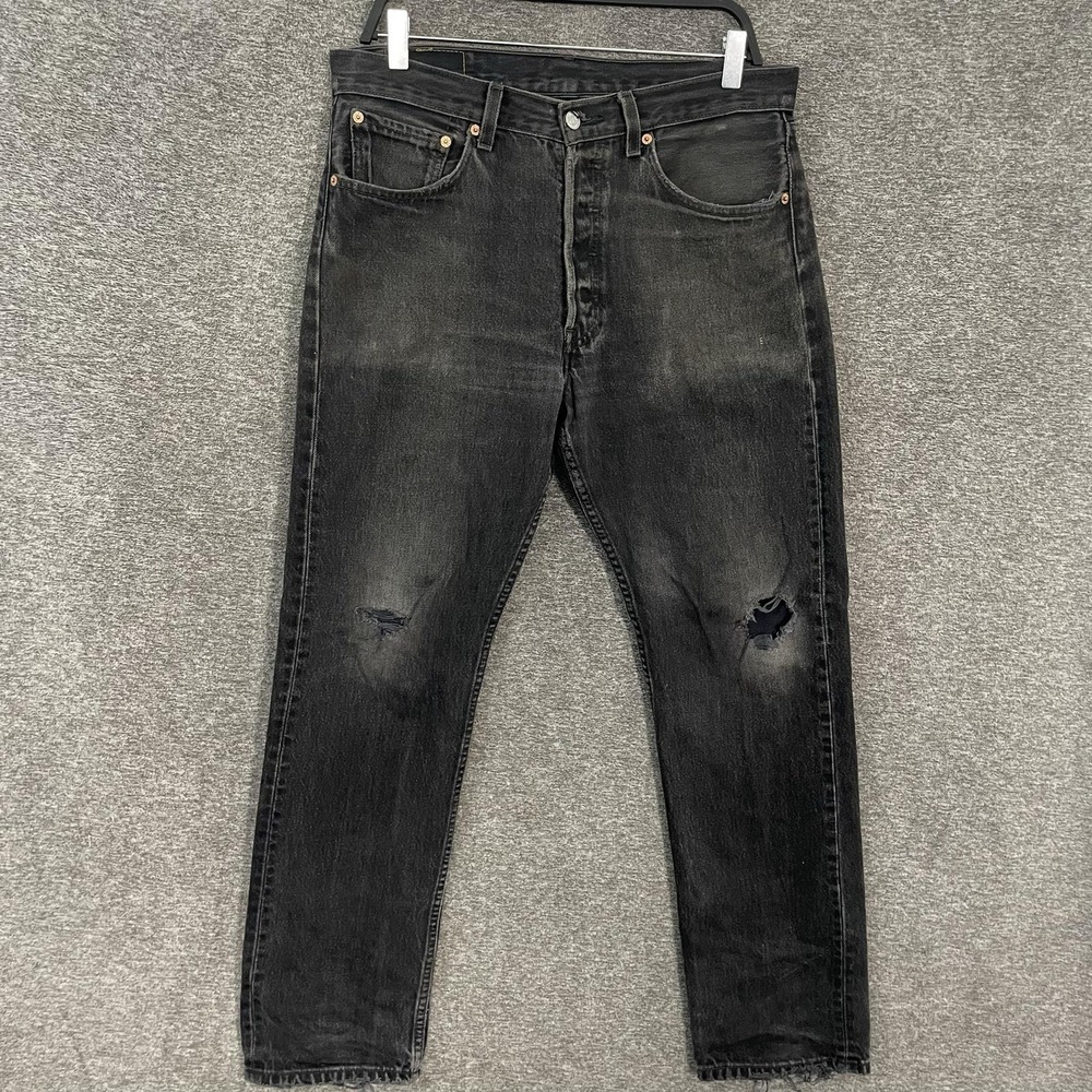 VTG Levis 501 Jean Women 31x30 Charcoal Wash High Rise Straight Distressed Denim